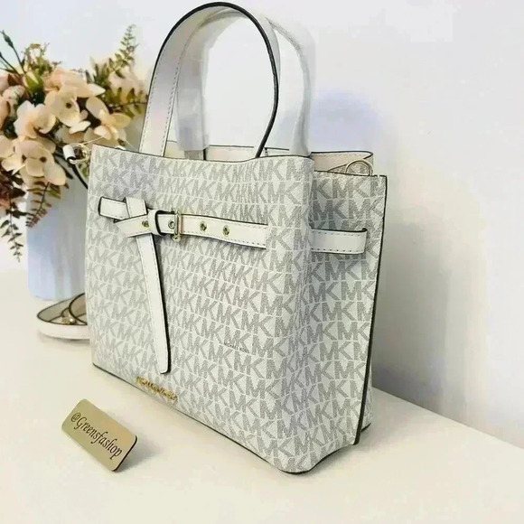 Michael Kors Emilia Small Satchel Crossbody Bag Light Cream MK Signature - Picture 3 of 11